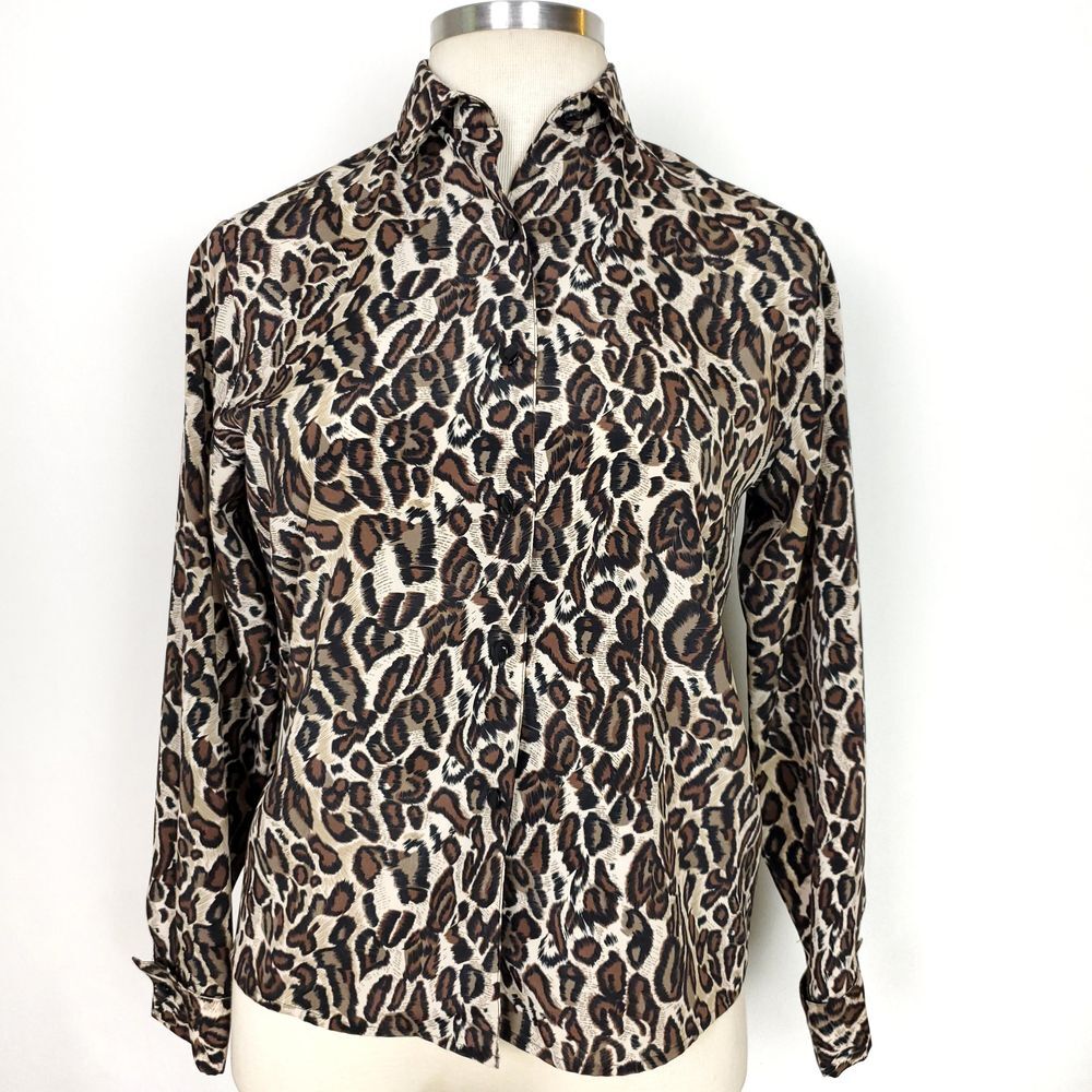 Sag Harbor Leopard French Cuff Blouse Button Up Shirt M